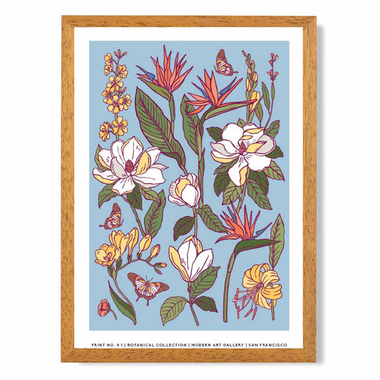 Vintage Floral Blue, Green Tropical Flowers Art Print | Wall Art Plaza UK