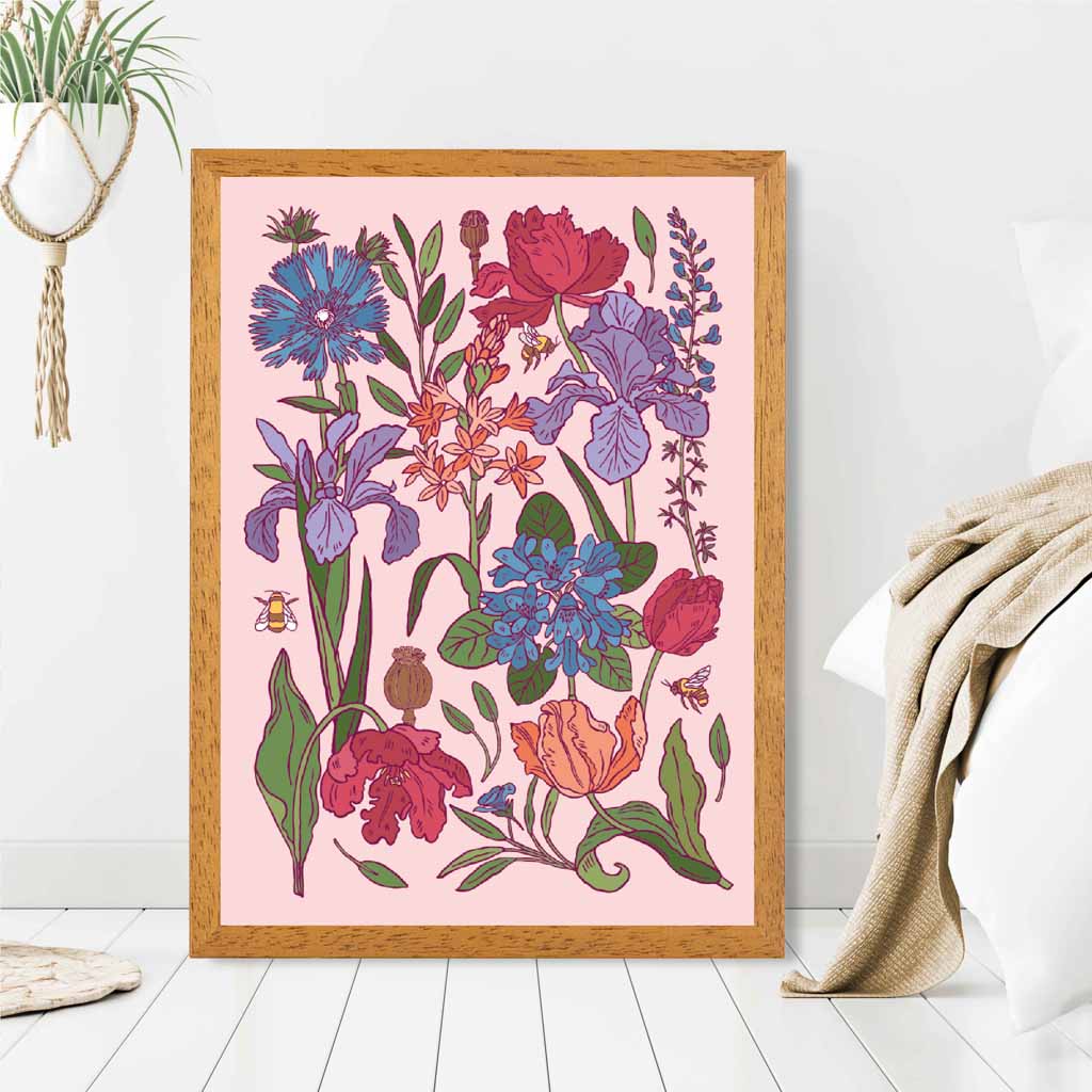 Vintage Floral Pink, Blue Garden Flowers Art Print | Wall Art Plaza UK