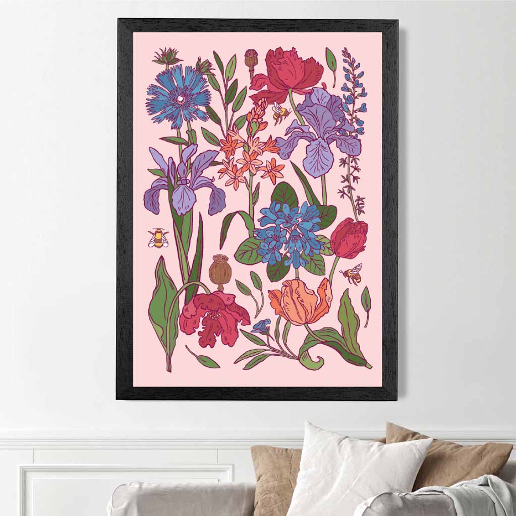 Vintage Floral Pink, Blue Garden Flowers Art Print | Wall Art Plaza UK