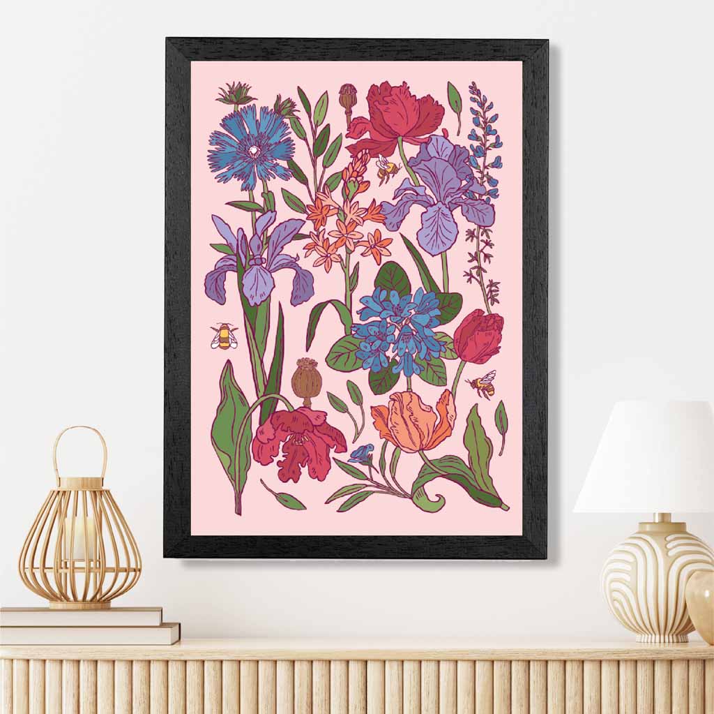 Vintage Floral Pink, Blue Garden Flowers Art Print | Wall Art Plaza UK