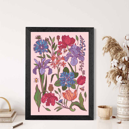 Vintage Floral Pink, Blue Garden Flowers Art Print | Wall Art Plaza UK