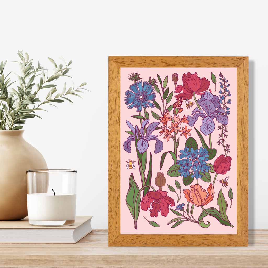 Vintage Floral Pink, Blue Garden Flowers Art Print | Wall Art Plaza UK