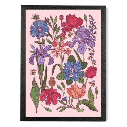 Vintage Floral Pink, Blue Garden Flowers Art Print | Wall Art Plaza UK