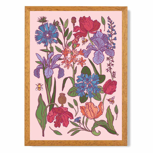 Vintage Floral Pink, Blue Garden Flowers Art Print | Wall Art Plaza UK