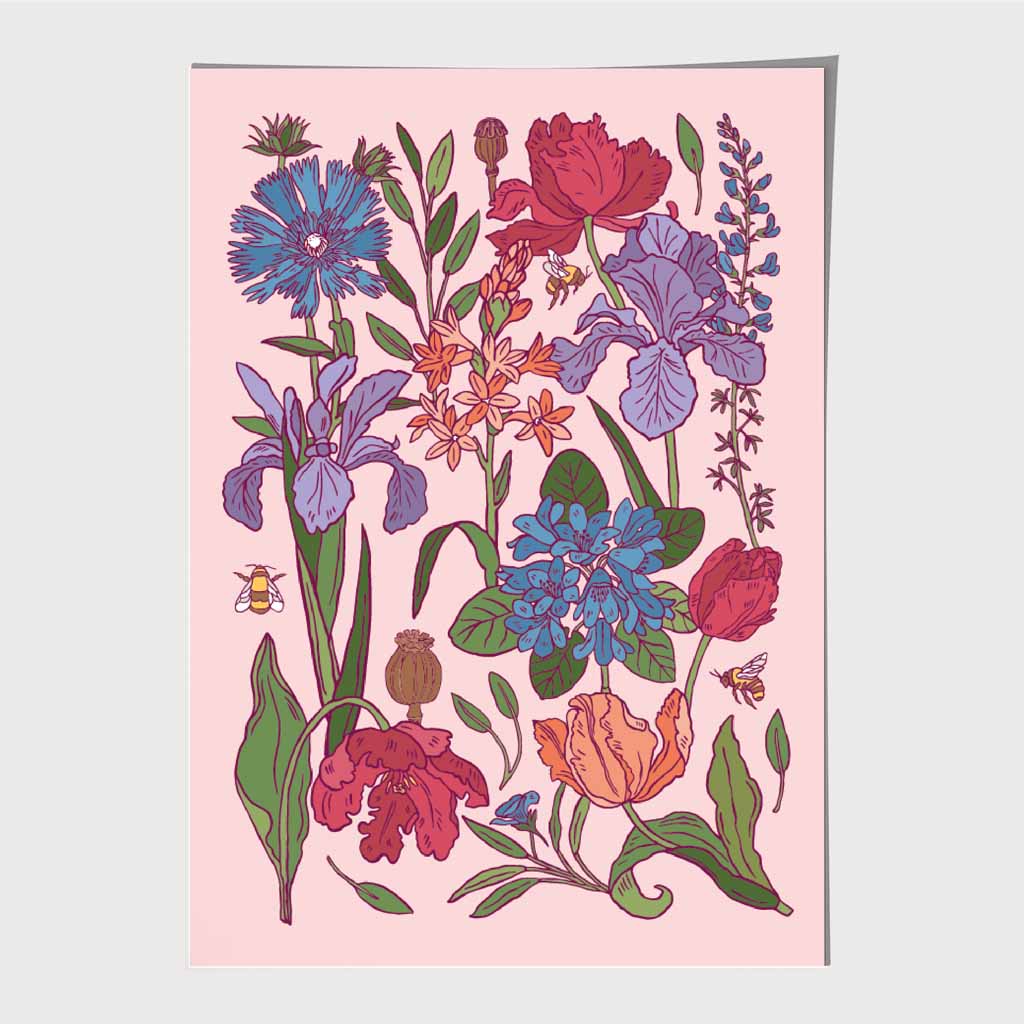 Vintage Floral Pink, Blue Garden Flowers Art Print | Wall Art Plaza UK