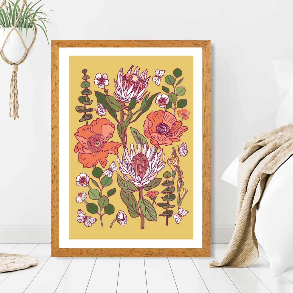 Vintage Floral Yellow, Orange Wild Flowers Art Print | Wall Art Plaza UK