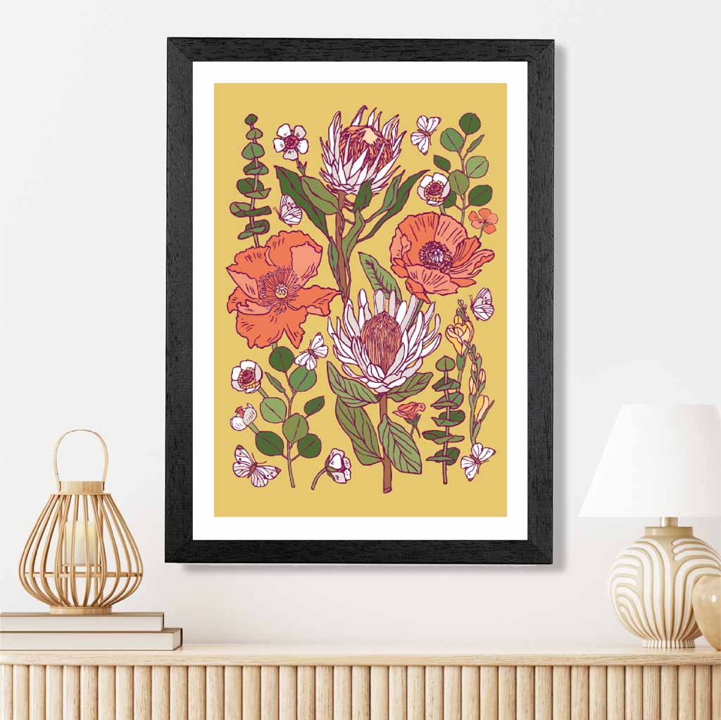 Vintage Floral Yellow, Orange Wild Flowers Art Print | Wall Art Plaza UK