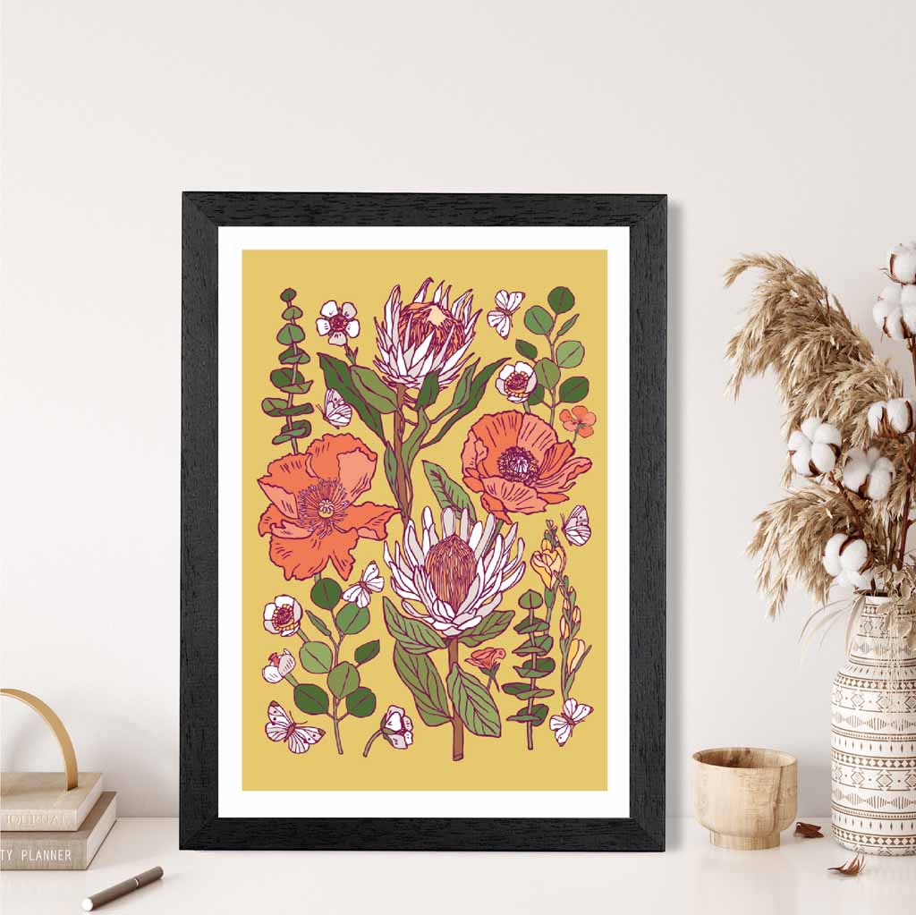 Vintage Floral Yellow, Orange Wild Flowers Art Print | Wall Art Plaza UK