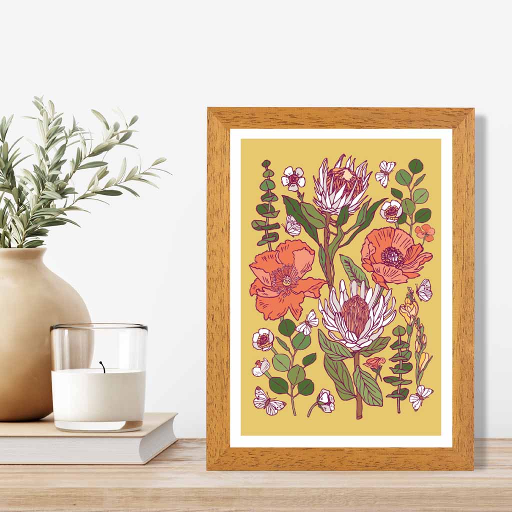 Vintage Floral Yellow, Orange Wild Flowers Art Print | Wall Art Plaza UK