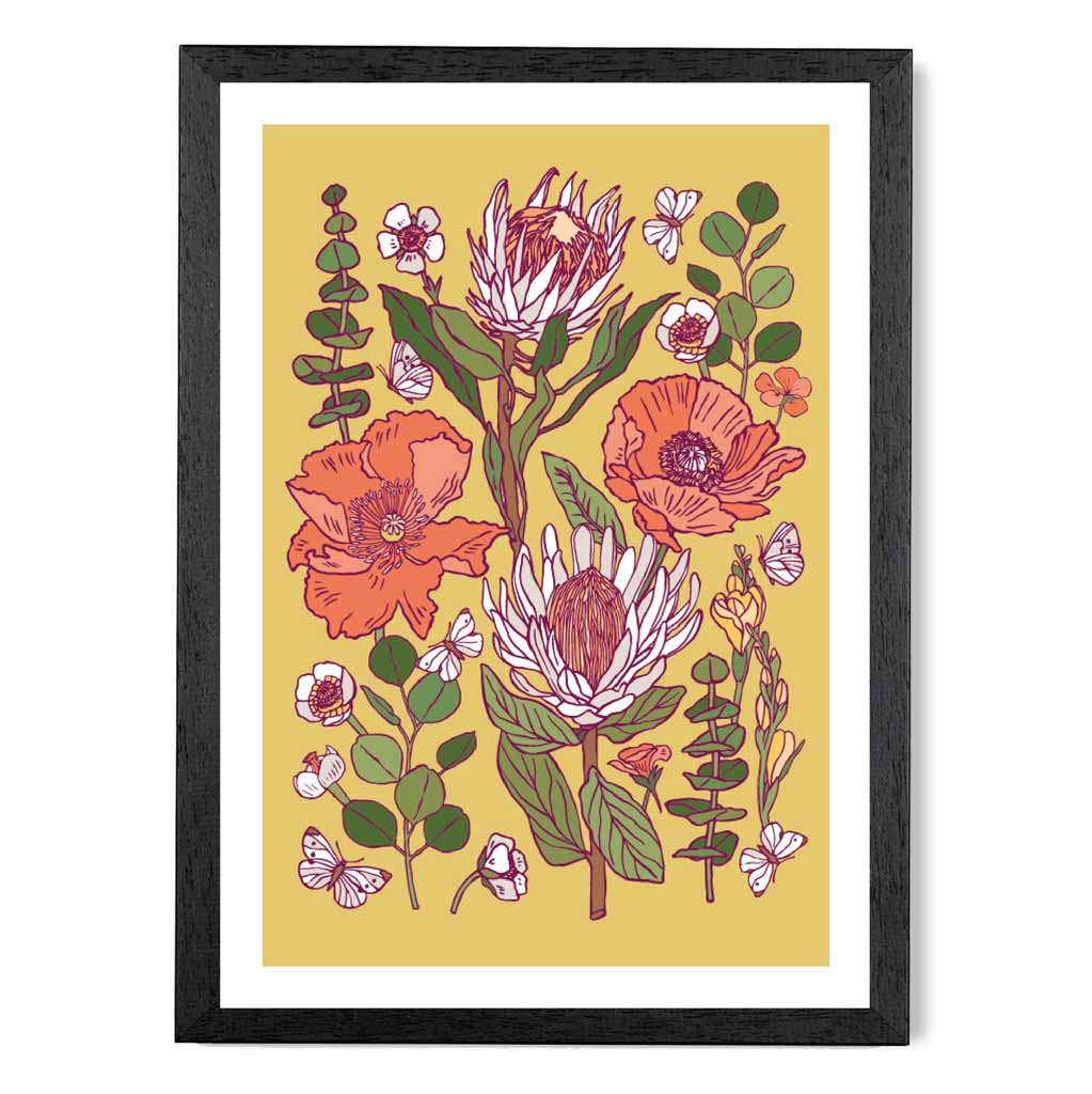 Vintage Floral Yellow, Orange Wild Flowers Art Print | Wall Art Plaza UK