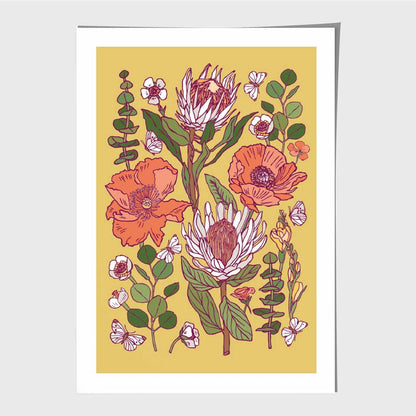 Vintage Floral Yellow, Orange Wild Flowers Art Print | Wall Art Plaza UK