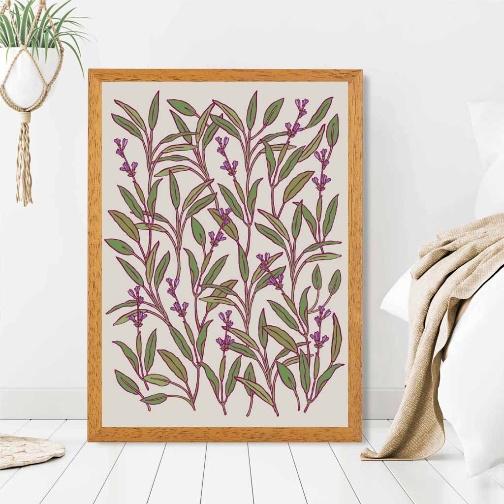 Vintage Floral Green, Purple Herbs and Flowers Art Print | Wall Art Plaza UK