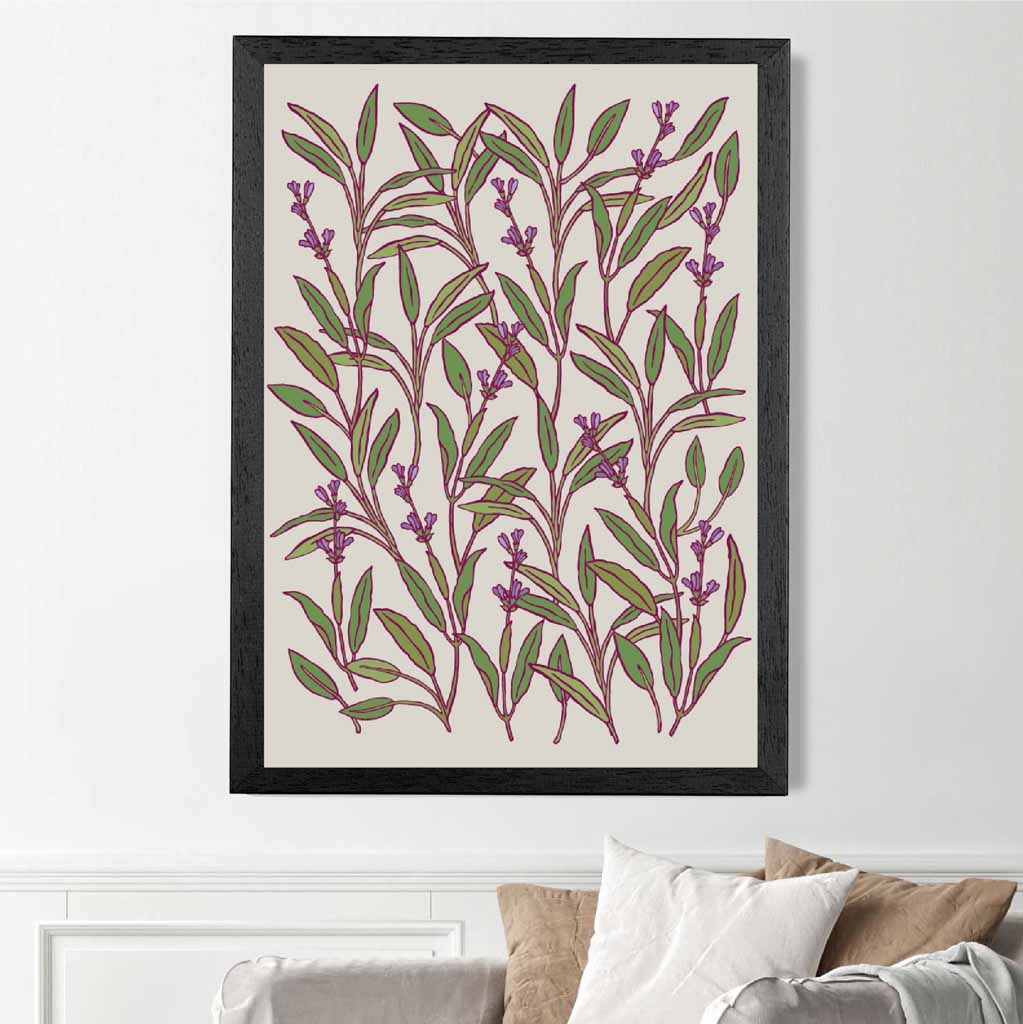 Vintage Floral Green, Purple Herbs and Flowers Art Print | Wall Art Plaza UK