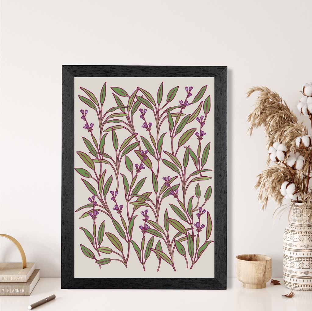 Vintage Floral Green, Purple Herbs and Flowers Art Print | Wall Art Plaza UK