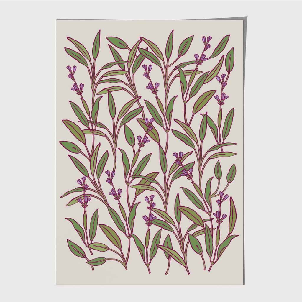 Vintage Floral Green, Purple Herbs and Flowers Art Print | Wall Art Plaza UK