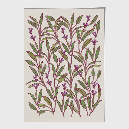 Vintage Floral Green, Purple Herbs and Flowers Art Print | Wall Art Plaza UK