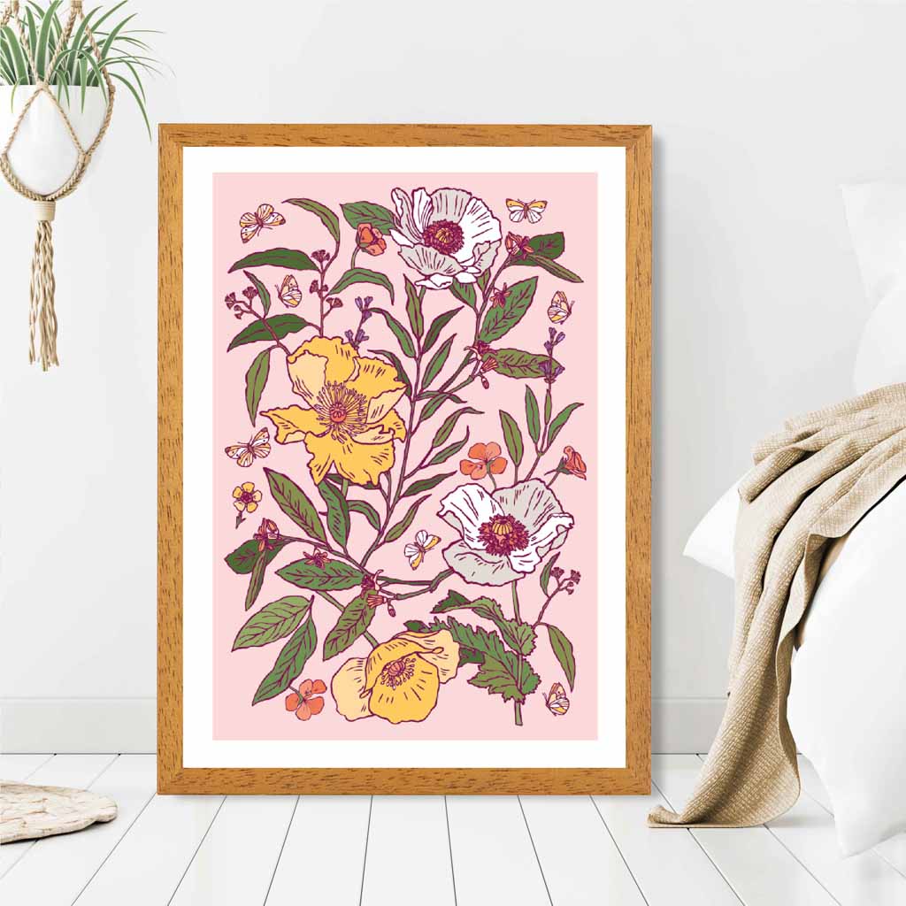 Vintage Floral Pink, Yellow Poppies Art Print | Wall Art Plaza UK