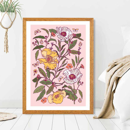 Vintage Floral Pink, Yellow Poppies Art Print | Wall Art Plaza UK