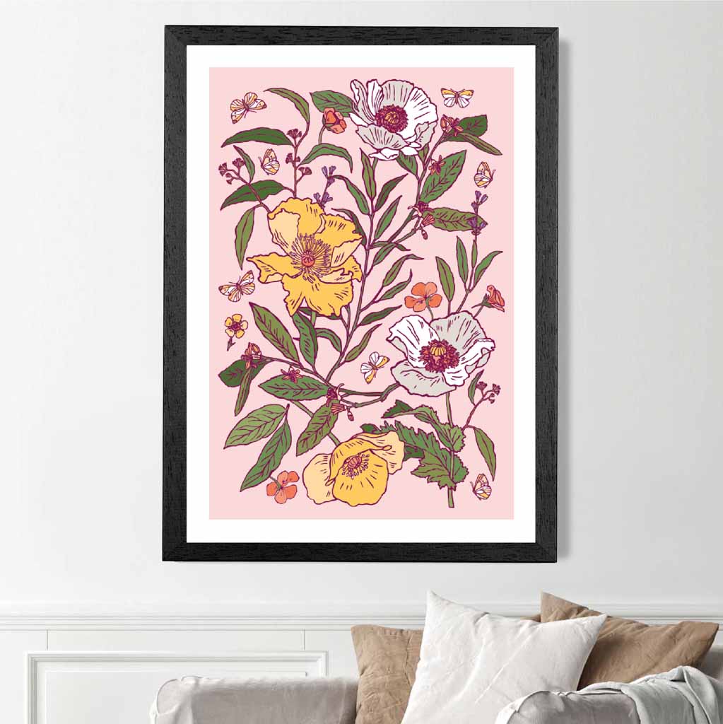 Vintage Floral Pink, Yellow Poppies Art Print | Wall Art Plaza UK