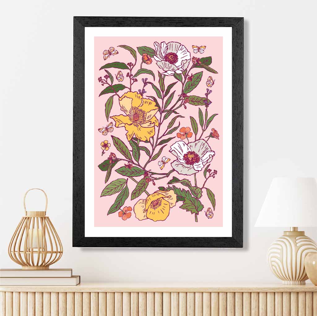 Vintage Floral Pink, Yellow Poppies Art Print | Wall Art Plaza UK