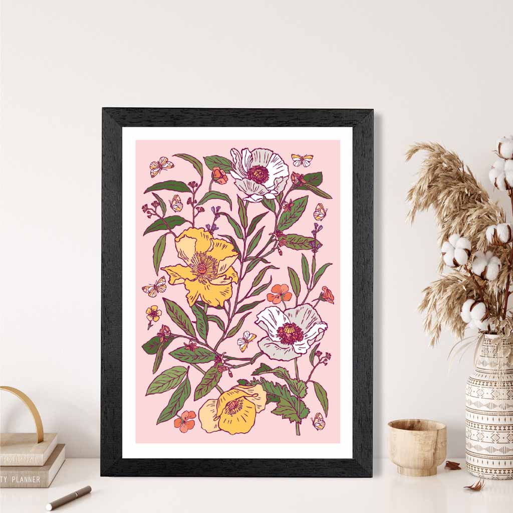 Vintage Floral Pink, Yellow Poppies Art Print | Wall Art Plaza UK