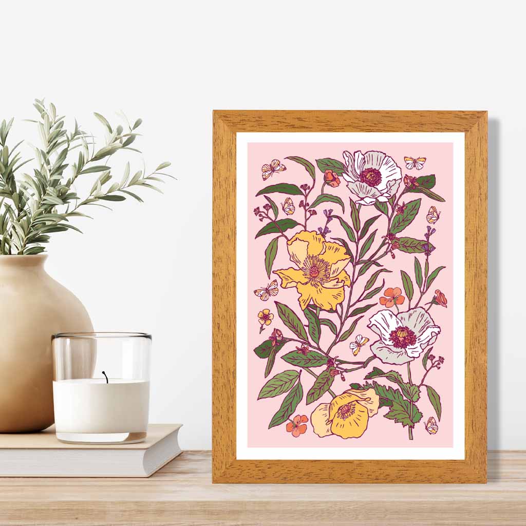 Vintage Floral Pink, Yellow Poppies Art Print | Wall Art Plaza UK