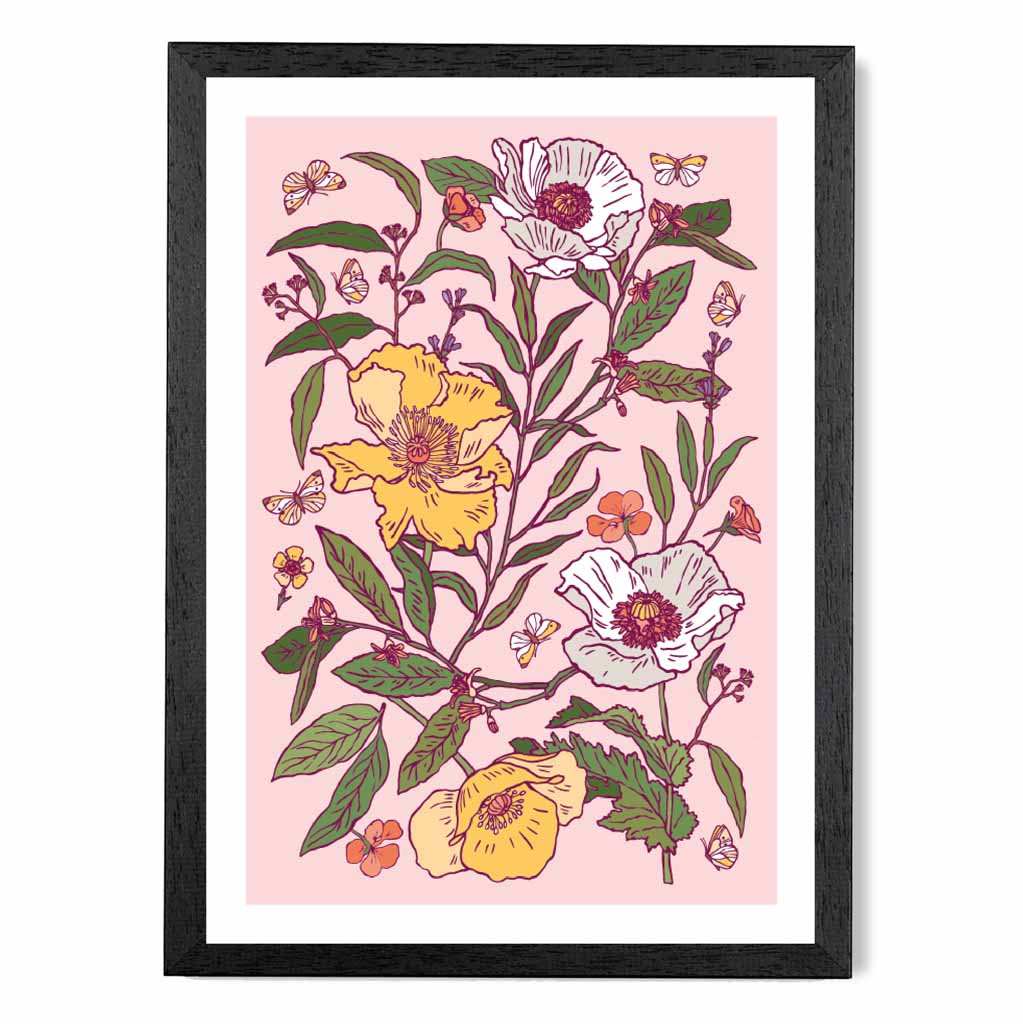 Vintage Floral Pink, Yellow Poppies Art Print | Wall Art Plaza UK