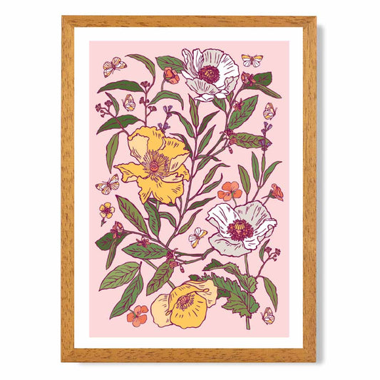 Vintage Floral Pink, Yellow Poppies Art Print | Wall Art Plaza UK