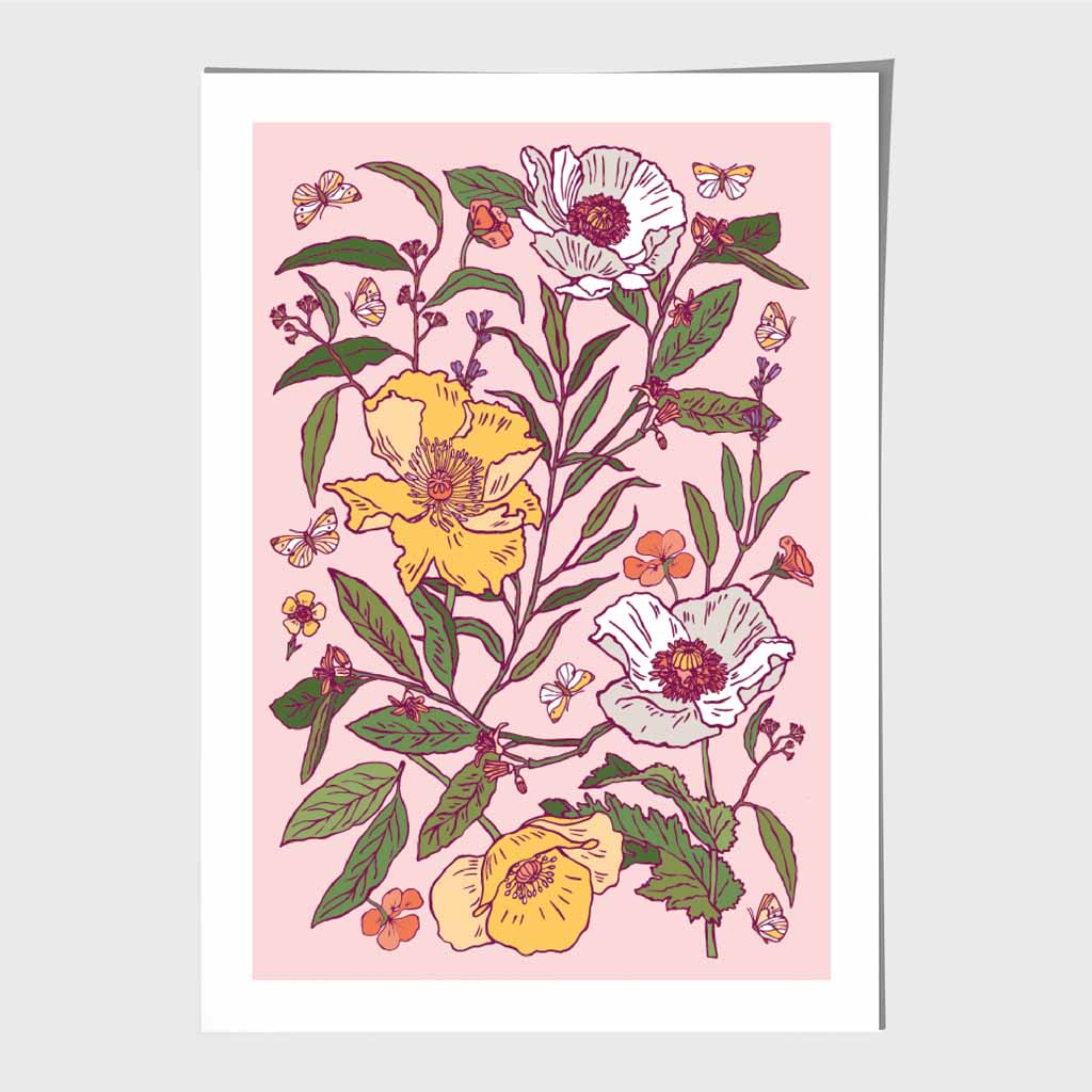 Vintage Floral Pink, Yellow Poppies Art Print | Wall Art Plaza UK