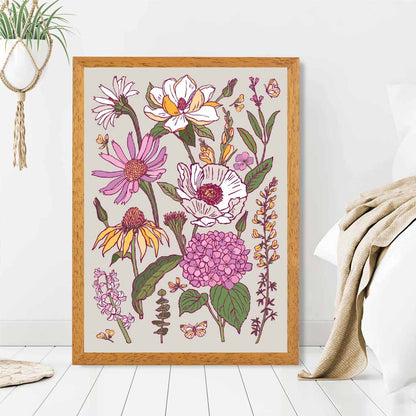 Vintage Floral Pink, Purple Summer Flowers Art Print | Wall Art Plaza UK