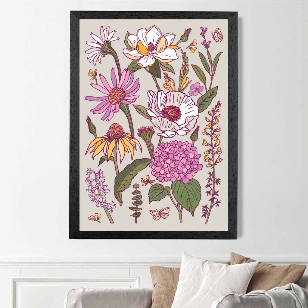 Vintage Floral Pink, Purple Summer Flowers Art Print | Wall Art Plaza UK