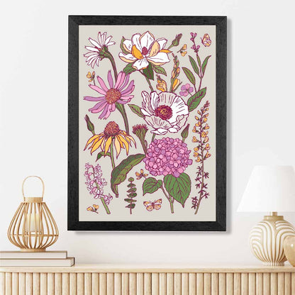 Vintage Floral Pink, Purple Summer Flowers Art Print | Wall Art Plaza UK