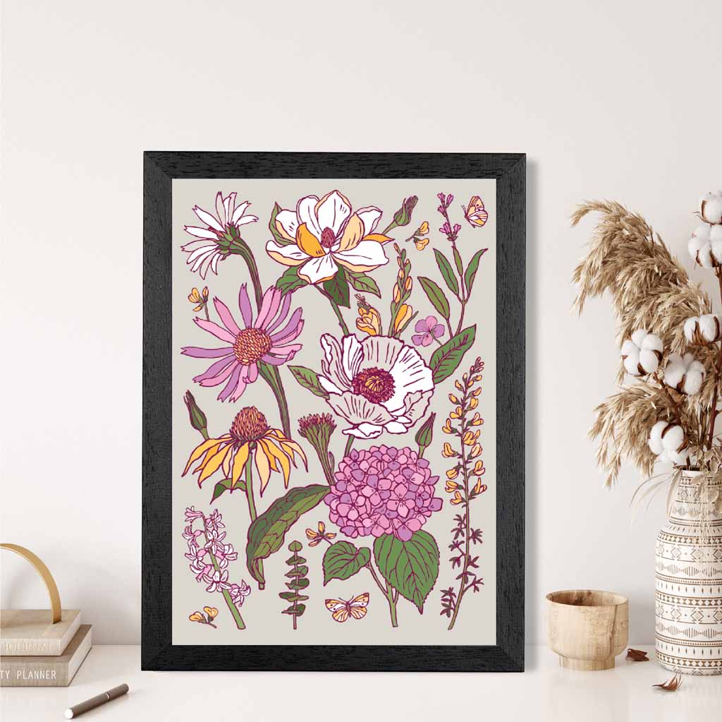 Vintage Floral Pink, Purple Summer Flowers Art Print | Wall Art Plaza UK