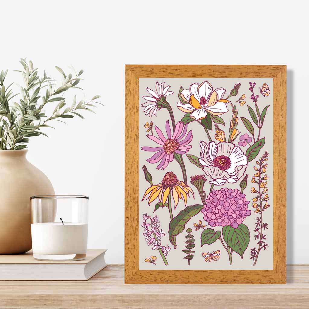 Vintage Floral Pink, Purple Summer Flowers Art Print | Wall Art Plaza UK