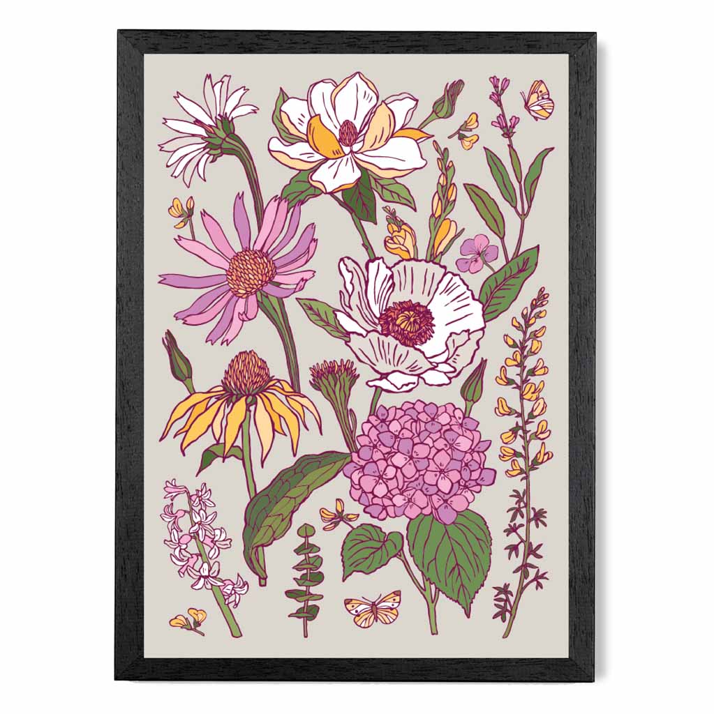 Vintage Floral Pink, Purple Summer Flowers Art Print | Wall Art Plaza UK