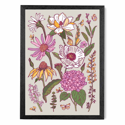 Vintage Floral Pink, Purple Summer Flowers Art Print | Wall Art Plaza UK