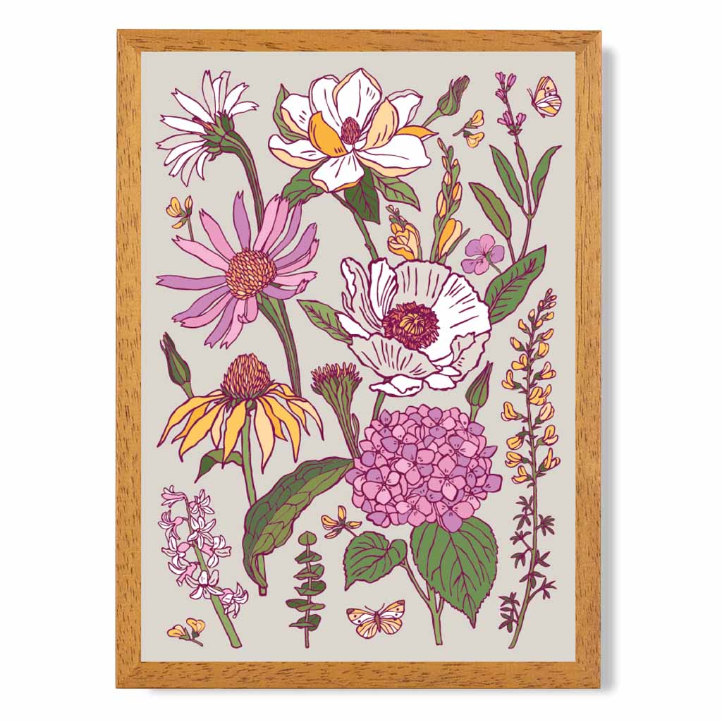 Vintage Floral Pink, Purple Summer Flowers Art Print | Wall Art Plaza UK