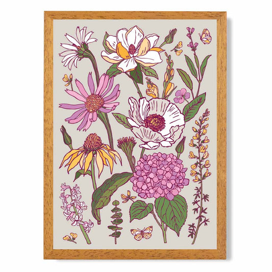 Vintage Floral Pink, Purple Summer Flowers Art Print | Wall Art Plaza UK