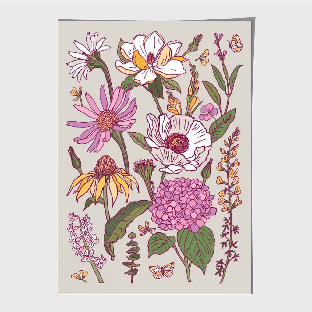 Vintage Floral Pink, Purple Summer Flowers Art Print | Wall Art Plaza UK