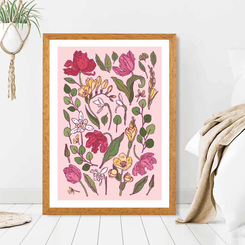 Vintage Floral Pink, Green Irises Art Poster | Wall Art Plaza UK