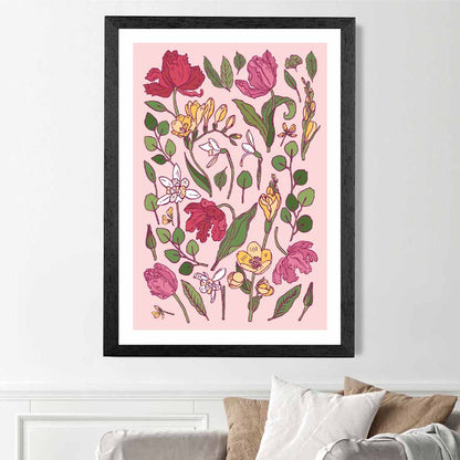 Vintage Floral Pink, Green Irises Art Poster | Wall Art Plaza UK