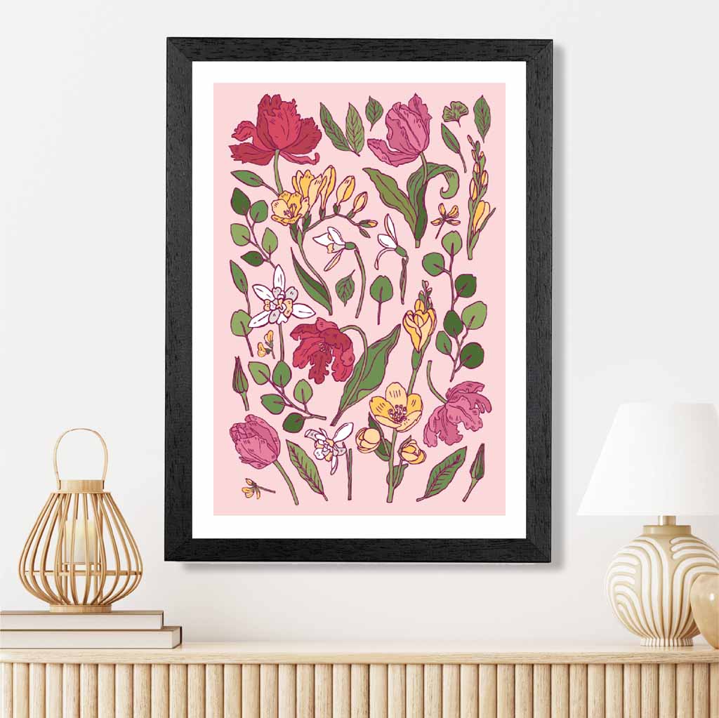 Vintage Floral Pink, Green Irises Art Poster | Wall Art Plaza UK