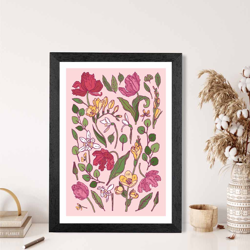 Vintage Floral Pink, Green Irises Art Poster | Wall Art Plaza UK