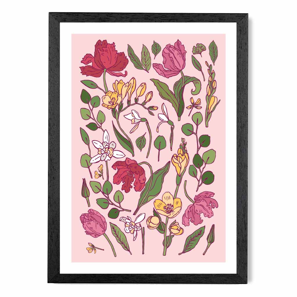 Vintage Floral Pink, Green Irises Art Poster | Wall Art Plaza UK