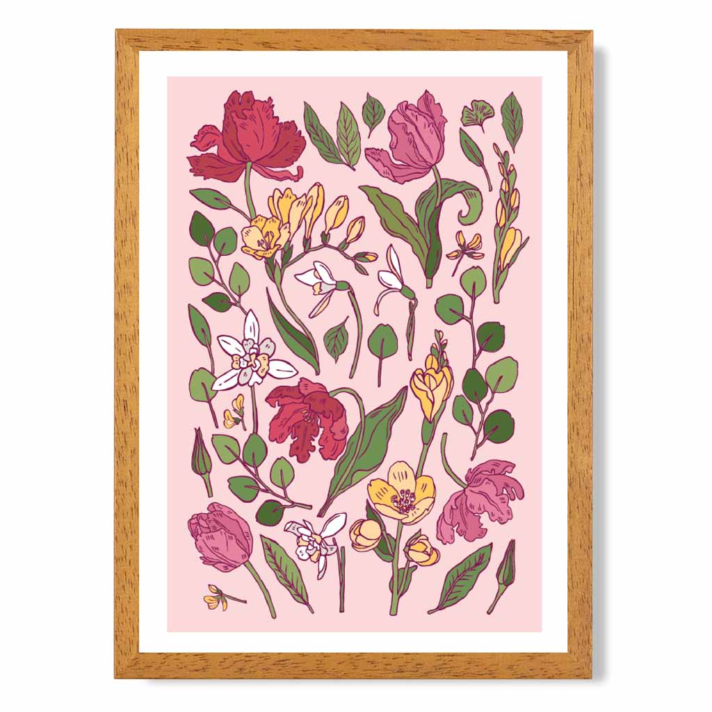 Vintage Floral Pink, Green Irises Art Poster | Wall Art Plaza UK