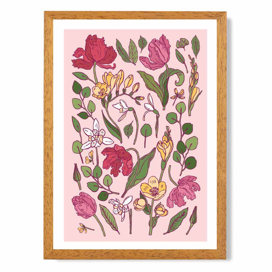 Vintage Floral Pink, Green Irises Art Poster | Wall Art Plaza UK