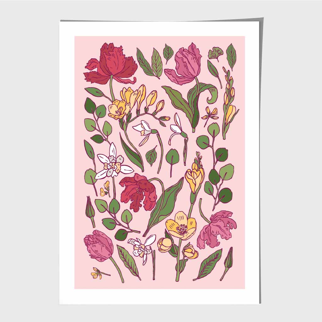 Vintage Floral Pink, Green Irises Art Poster | Wall Art Plaza UK