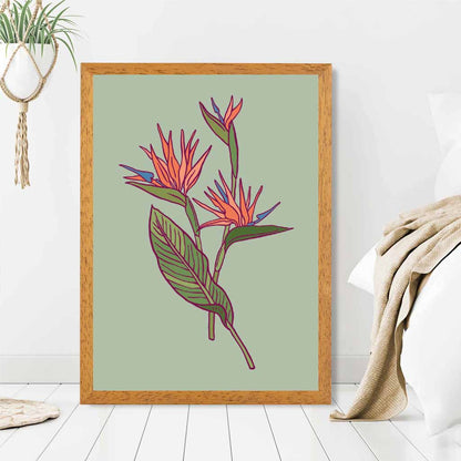 Vintage Floral Green, Orange Paradise Flower Art Print | Wall Art Plaza UK