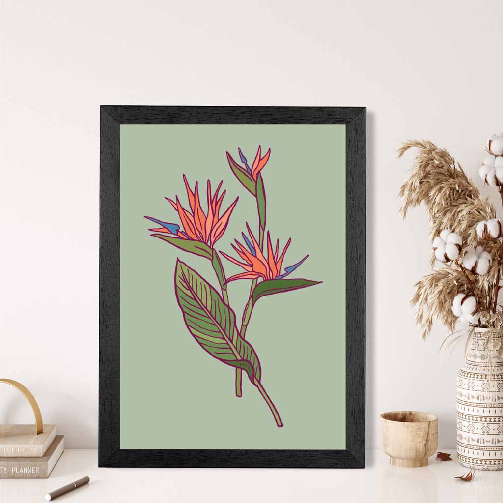 Vintage Floral Green, Orange Paradise Flower Art Print | Wall Art Plaza UK