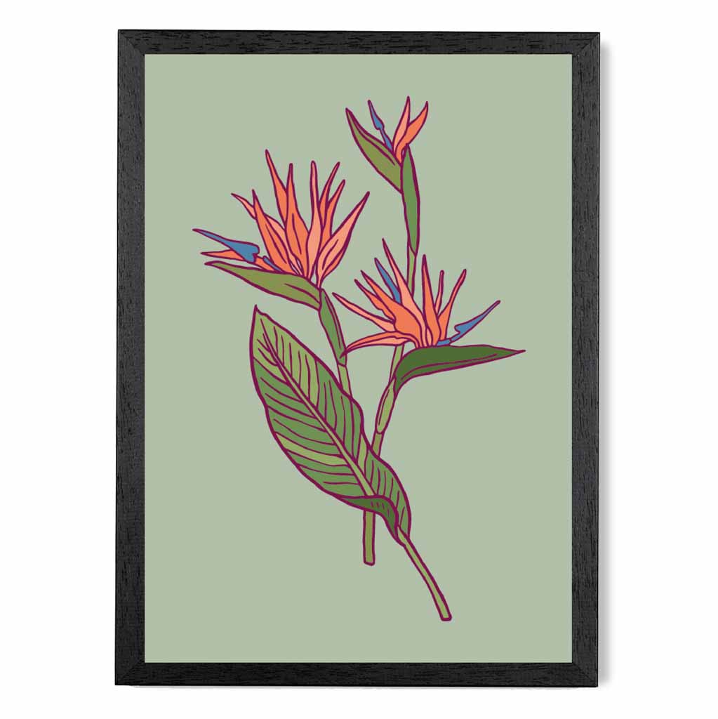 Vintage Floral Green, Orange Paradise Flower Art Print | Wall Art Plaza UK